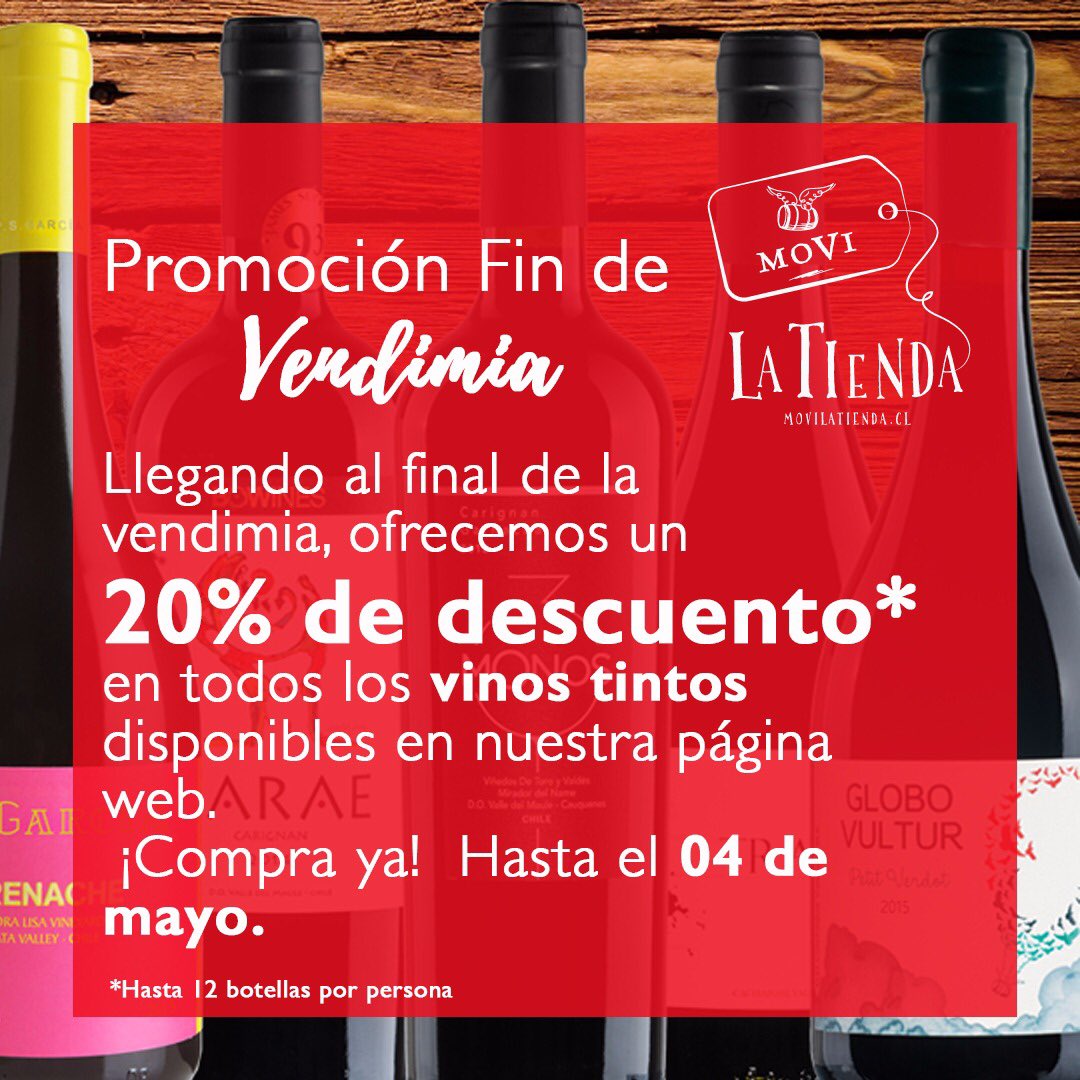¡Atención! ¡No olvidar! Hasta este viernes 4 de mayo 20% de descuento en todas las variedades tintas 🍷de nuestros vinos de <a href="/movichile/">MoVI Chile</a> Anda a movilatienda.cl y aprovecha esta súper oportunidad de fin de vendimia.
#MOVILaTienda 
#PromoMOVI 
#VentasMOVI 
#MOVIATuCasa
