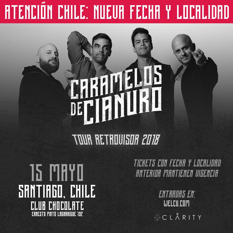 Clarity_Live's tweet photo. ✨⚠️A T E N CI Ó N  ⚠️✨ ¡nos adelantamos un día! ⚡️CAMBIO FECHA &amp; LUGAR CONCIERTO CARAMELOS DE CIANURO EN CHILE 2018 ⚡️Por favor revisar 📢COMUNICADO OFICIAL📢 a través de nuestras redes oficiales FB ➡️ https://t.co/RrdzLuSjnw IG ➡️
@clarity_live @caramelosdecianuro https://t.co/bofUJtiSPY
