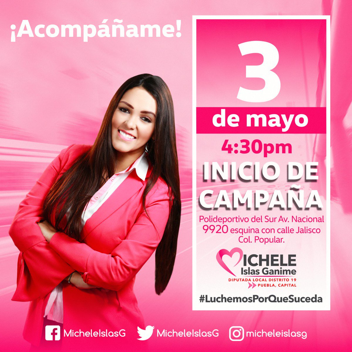 MicheleIslasG's tweet photo. Amigos, los espero éste 3 de mayo al arranque de mi campaña por la diputación local del distrito 19.
Para mí es muy importante tu apoyo.
¡Tenemos una cita!
#LuchemosPorqueSuceda
#ServirEsMiResponsabilidad https://t.co/DQs6QqfI4O