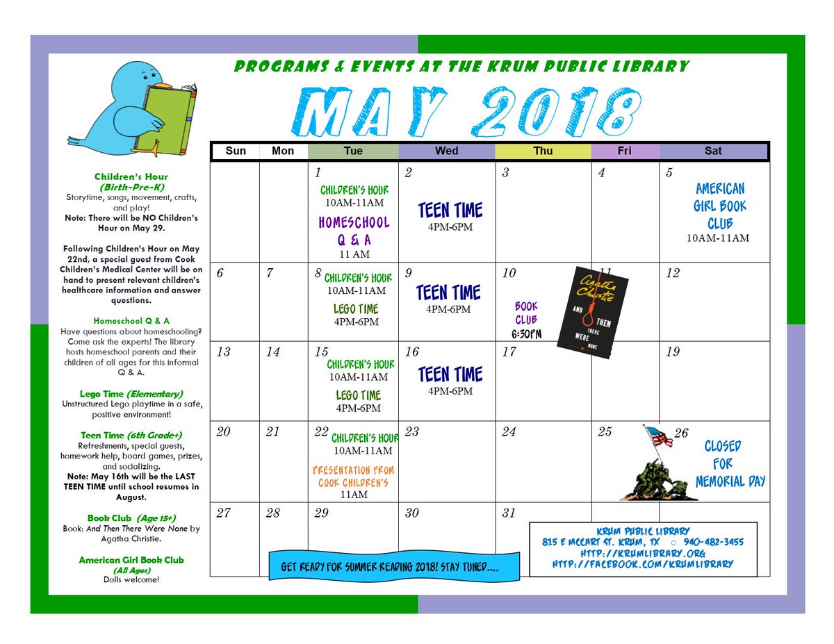 KrumLibrary's tweet image. Happy May Day! Check out our upcoming programs for this month! #librarylife #libraryprograms #texaslibrary #krumtx