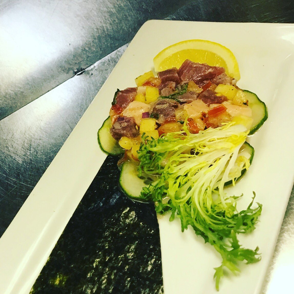 Tonight’s Crudo: Tuna and Salmon in a Pineapple- Basil Salsa.  Pair with Prosecco - Perfect!!