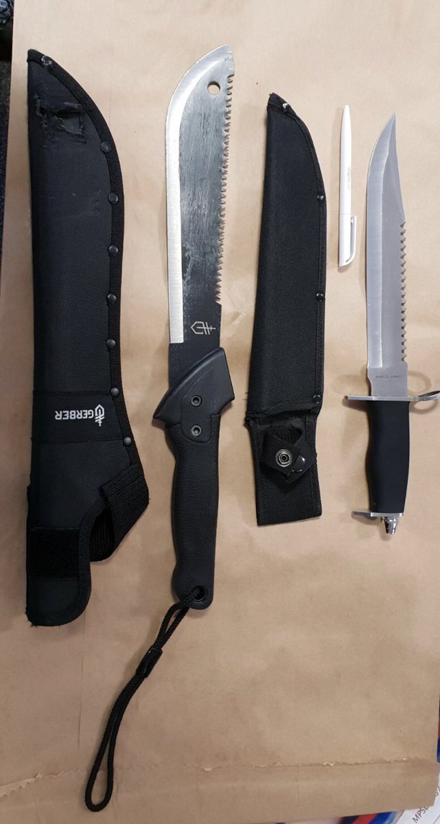 LambethMPS's tweet photo. Group stopped on Fenwick Estate SW9 following call from a member of the public about a group of males acting suspiciously. Numerous males arrested, including one adult male in possession of these. #LXTaskforce #stopandsearch #yourcallsmatter https://t.co/jyFLVpQBsd