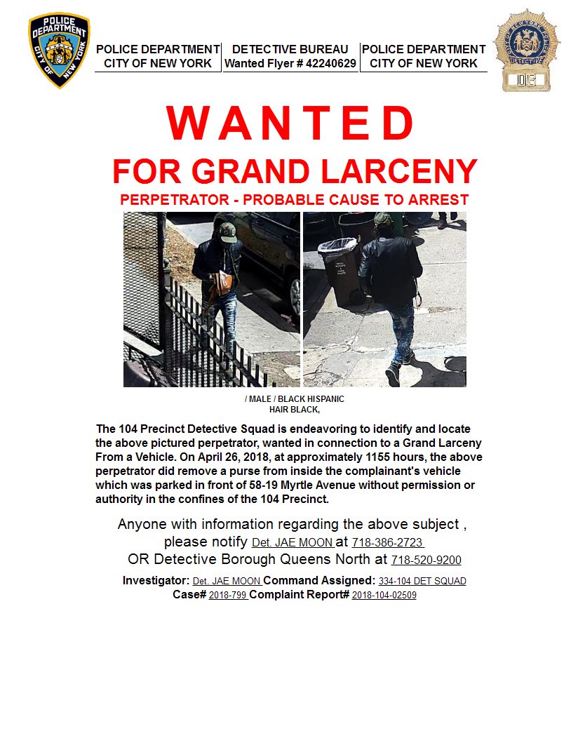 NYPD104Pct's tweet photo. #Help the #104Precinct Detective Squad identity the below suspect who is want from Grand Larceny from a Vehicle. #SEESOMETHINGSAYSOMETHING https://t.co/UlGX7ufS9f