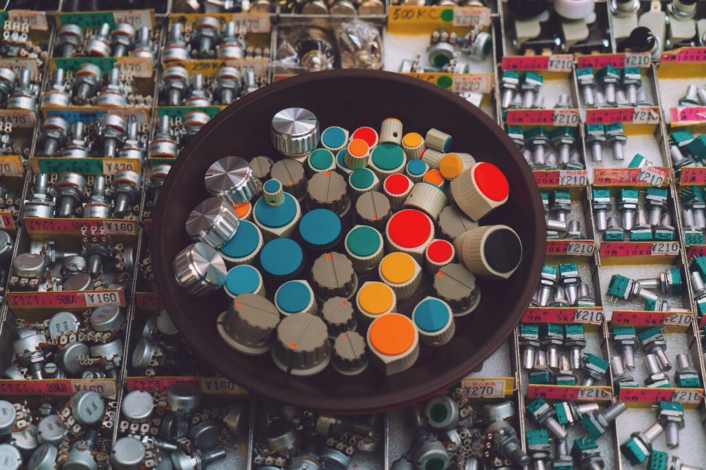 ISO50's tweet image. Every time I’m in Tokyo I try to make it to Akihabara to search for knobs. I like to customize my guitar pedals or just replace ones that have been lost to tour. This time I think I found the holy grail, so many good colors. They also had some really nice vintage project boxes 🎛
