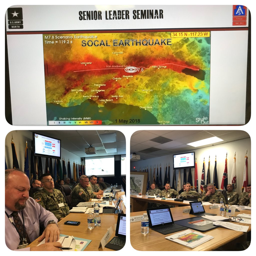 FormerCal_OES's tweet photo. Active discussion &amp; table top exercise today with @theCaGuard @Norad_Northcom (ARNORTH) &amp; @femaregion9 on Southern California Catastrophic Earthquake event. #OneTeamOneFight https://t.co/zLl0GF4msf