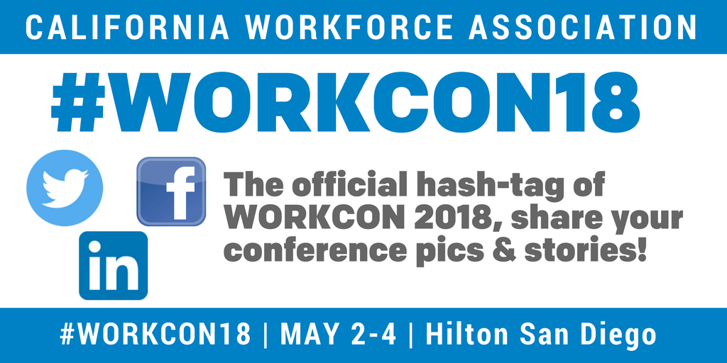 CAWorkforce's tweet photo. #WORKCON18 is the official hash-tag of WORKCON 2018, May 2-4, Hilton San Diego Resort. Share your conference pics, stories and partnerships from arrival to the last day! #wkforcePartnerships #wkforceCapacity #CaWorkforce https://t.co/sQQr74SJtY