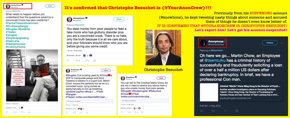 Unity_Tibet's tweet photo. #ChristopheBesuchet who is rejected by real #rangzen exposed after attacking @MartinMKC in SAME pattern. His objective is to confuse and split #proTibet lobbyist and stirring trouble. All to monitor and record his activities and report. #Alliance #DalaiLama #Tibet #focusonfreedom https://t.co/BSOulCJmLP