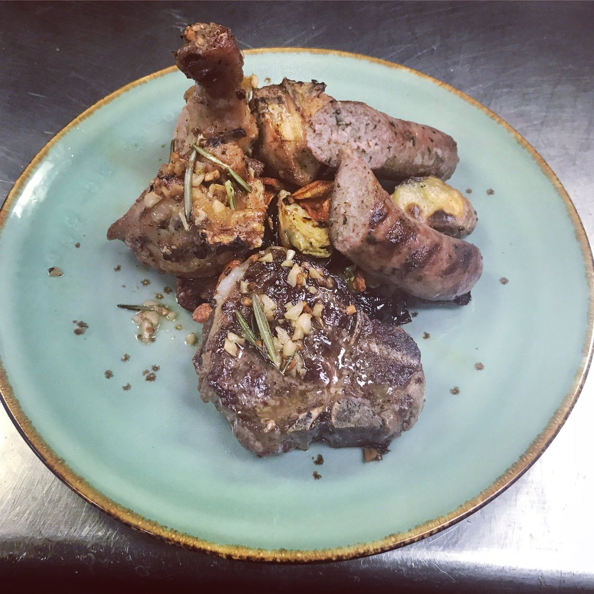 TecaWc's tweet photo. Grigliata Mista - Lamb Loin Chop, Pecorino &amp; Parsley Artisanal Sausage, and Lemon &amp; Rosemary Deconstructed Chicken with Roasted Brussels Sprouts &amp; Carrots https://t.co/J7VUWzI3L2