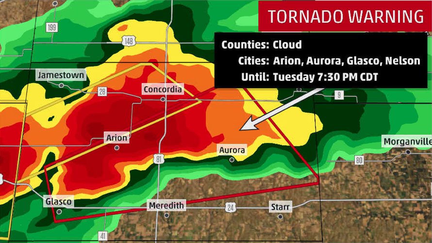 PARTICULARLY DANGEROUS SITUATION for Aurora, Kansas. A confirmed