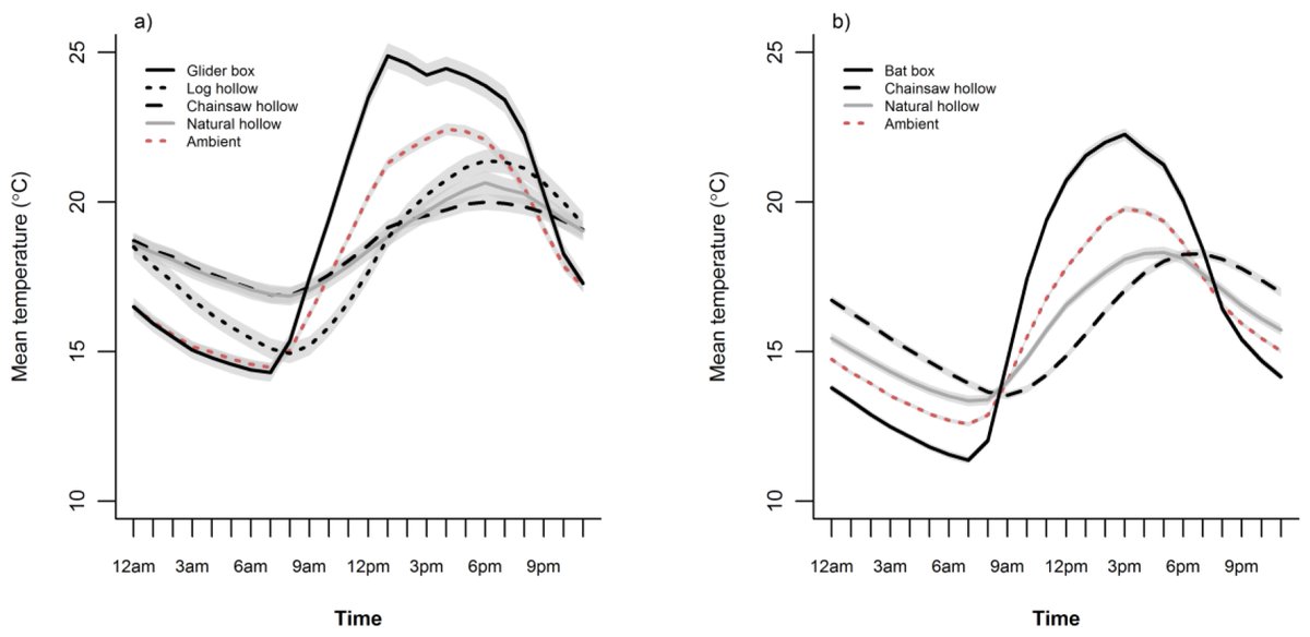 pelentini's tweet photo. Our new paper shows that "chainsaw hollows" cut into trees provide much more stable temperatures (similar to natural #hollows) for #bats and #gliders than nest boxes https://t.co/7i8c0QeELB #openaccess #nestbox #batbox #offsets #treecavity @AusBats @hollowsashomes https://t.co/ZL7E7BxfiJ