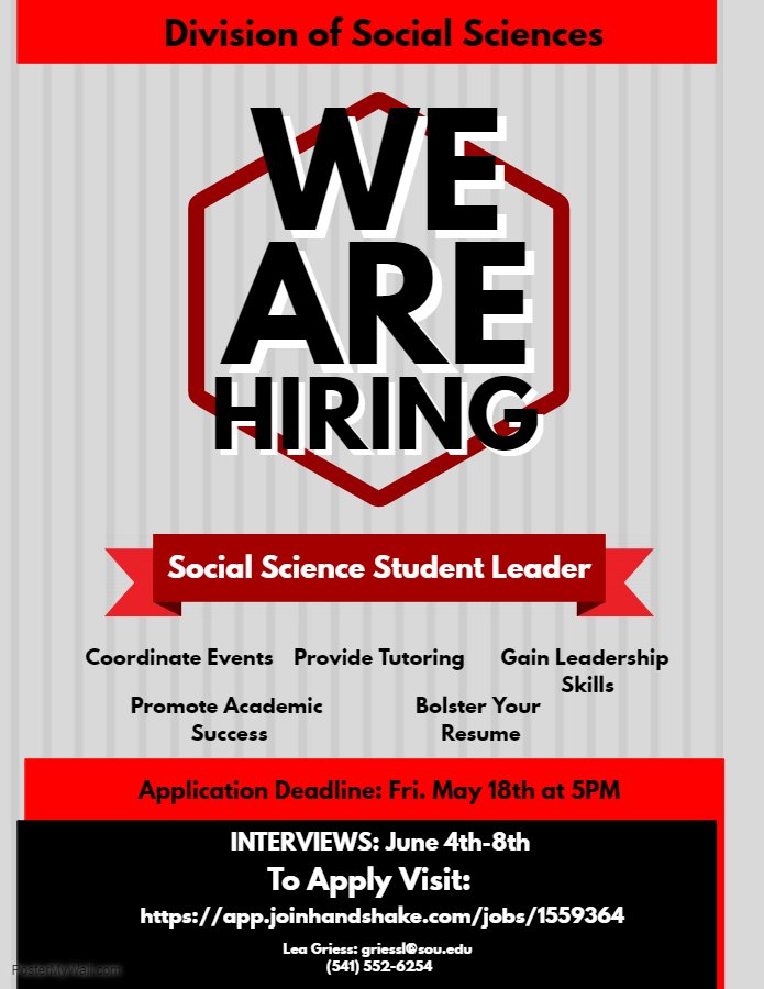 SOU_SocialSci's tweet photo. We're Hiring! Current SOU Students, Apply Now to be a Social Science Student Success Peer Advisor! https://t.co/mOMZ9QOExm