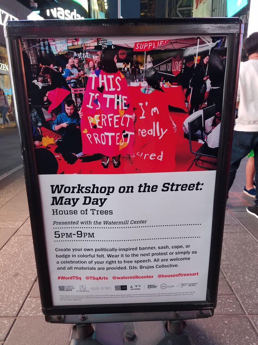 DanielleMuscato's tweet photo. In solidarity with #MayDay International Workers' Day, it's #houseoftreesart House of Trees Art Collective hosting a banner making event with times square arts and @watermillcenter for the opening of #wordonthestreet banner exhibition #wordtsq @tsqarts. Come on down #NYC!! https://t.co/vm2n0jA9Sr