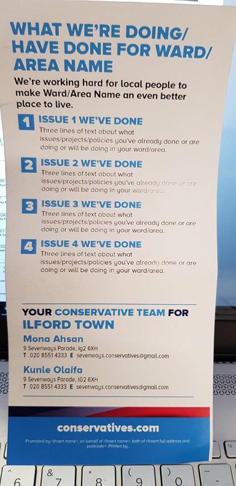ForTheMany2020's tweet photo. Let's be clear, no one can fault the Ilford Conservatives on their record... 😬 #MailMergeFail #VoteLabour https://t.co/OdEmUj3SdI