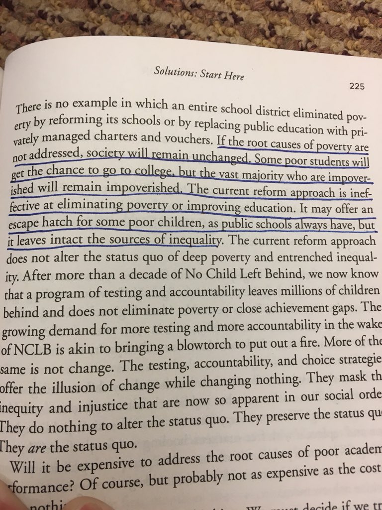 This quote from @DianeRavitch’s “Riegn of Error” gets at some of the ideas that we’#re being expressed in class today. Yes, it is better that some poor students go to college than none, but providing scholarships to a select few does not get at the root causes of poverty #urbaned