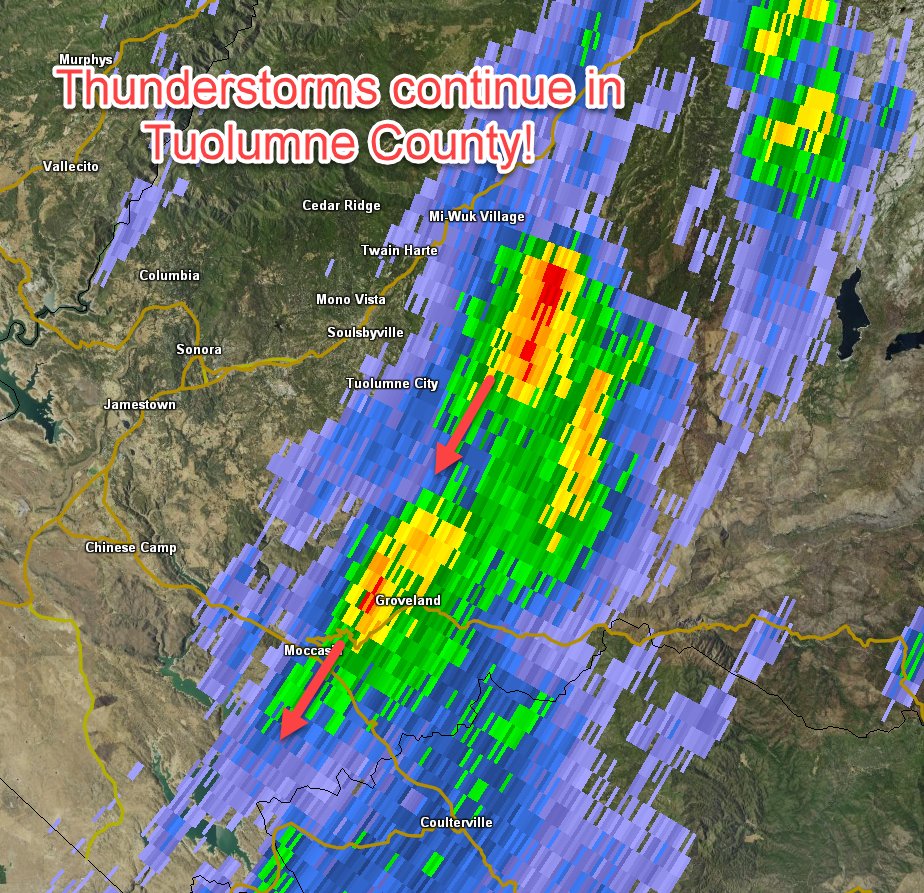 At 5:40 om Thunderstorms continue over portions of Tuolumne County between Mi-Wuk Village and highway 120 near Groveland. Expect small hail and brief heavy rainfall.  #CAwx