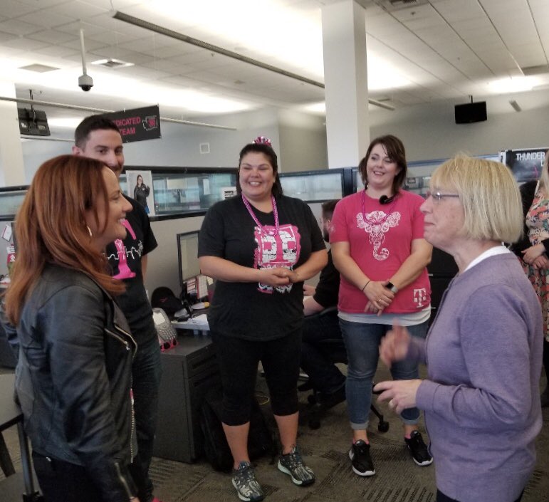 MikeSievert's tweet photo. So happy @CallieField was able to introduce Senator @PattyMurray to our @TMobile Bellingham Call Center rockstars today!! Looks like she got the full #Uncarrier experience, 🎉🎉 and all! :-) https://t.co/Y2VPjMQYPA