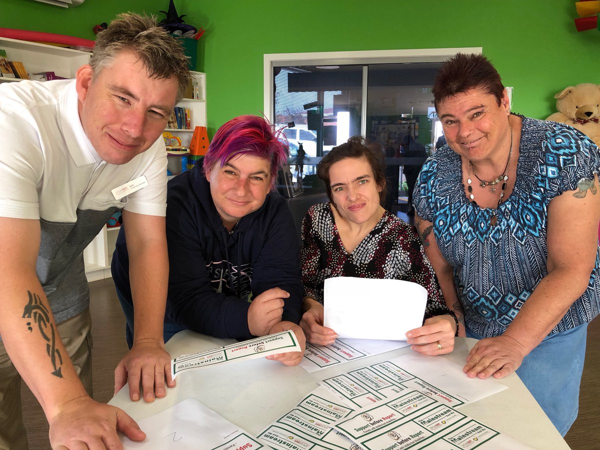 OutTasmania's tweet photo. @Spk0ut  #MainstreamAndMe Community Educators giving okay to the final draft of their bumper sticker #SupportBeforeReport @inclusionoz @nswcid @DANALtd1 @PWDAustralia @theadvocatetas https://t.co/47QEVL0U71