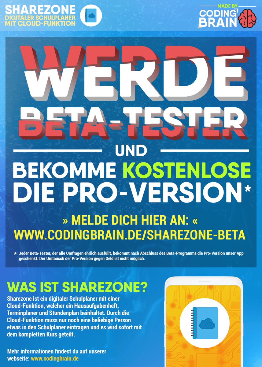 CodingBrainDE's tweet image. DAS SHAREZONE BETA-PROGRAMM STARTET BALD! 💥🔥😍
.
Melde dich noch heute an und werde Sharezone Beta-Tester und erhalte nach Abschluss des Beta-Programms die Sharezone Pro-Version kostenlos geschenkt ✌️
.
Link: codingbrain.de/sharezone-beta