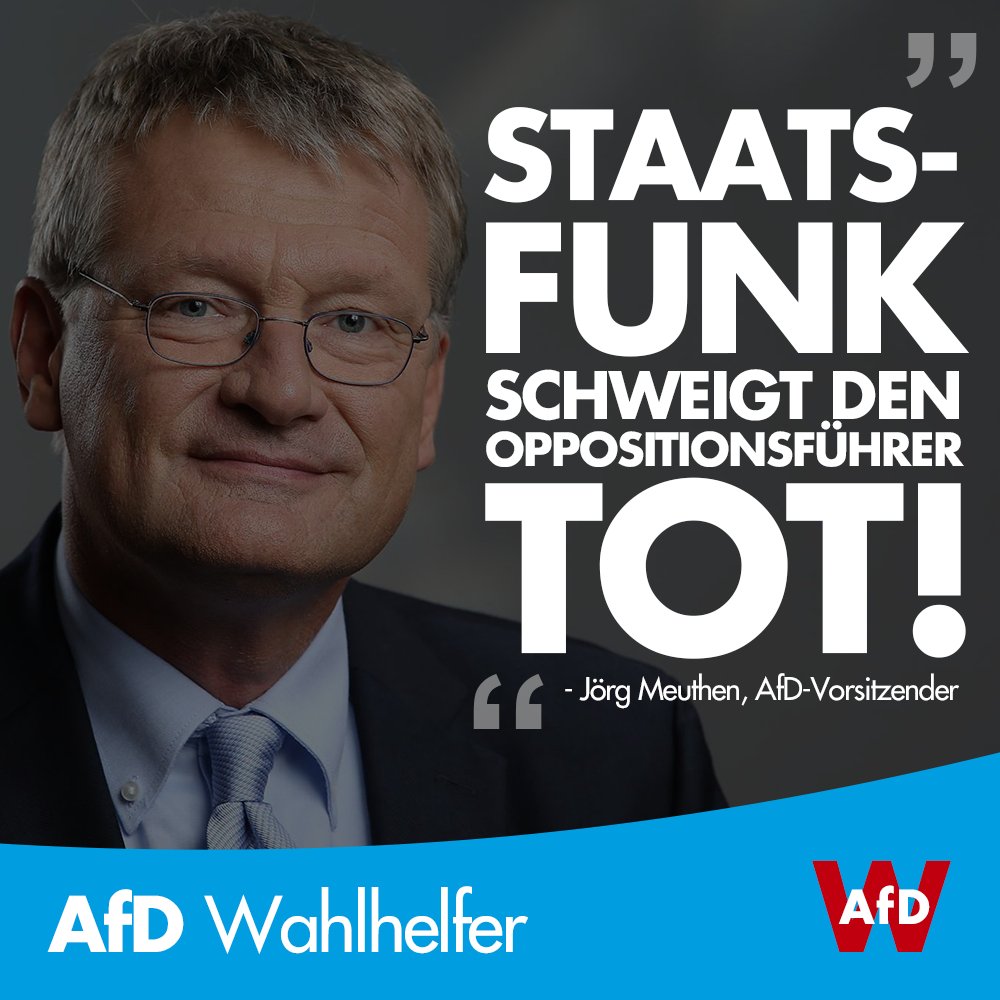 AfDWahlhelfer's tweet photo. Talkshows #AnneWill, #Hartaberfair, #Maischberger, #Illner:
CDU/CSU 12 Teilnehmer, 
SPD 5 Teilnehmer, 
Grüne 5 Teilnehmer, 
Linke 4 Teilnehmer, 
FDP 3 Teilnehmer, 
AfD 0 Teilnehmer
@Joerg_Meuthen: "Zeit für faire Berichterstattung und ausgewogene Meinungsbildung." #AfD https://t.co/JkmNnAKc4q