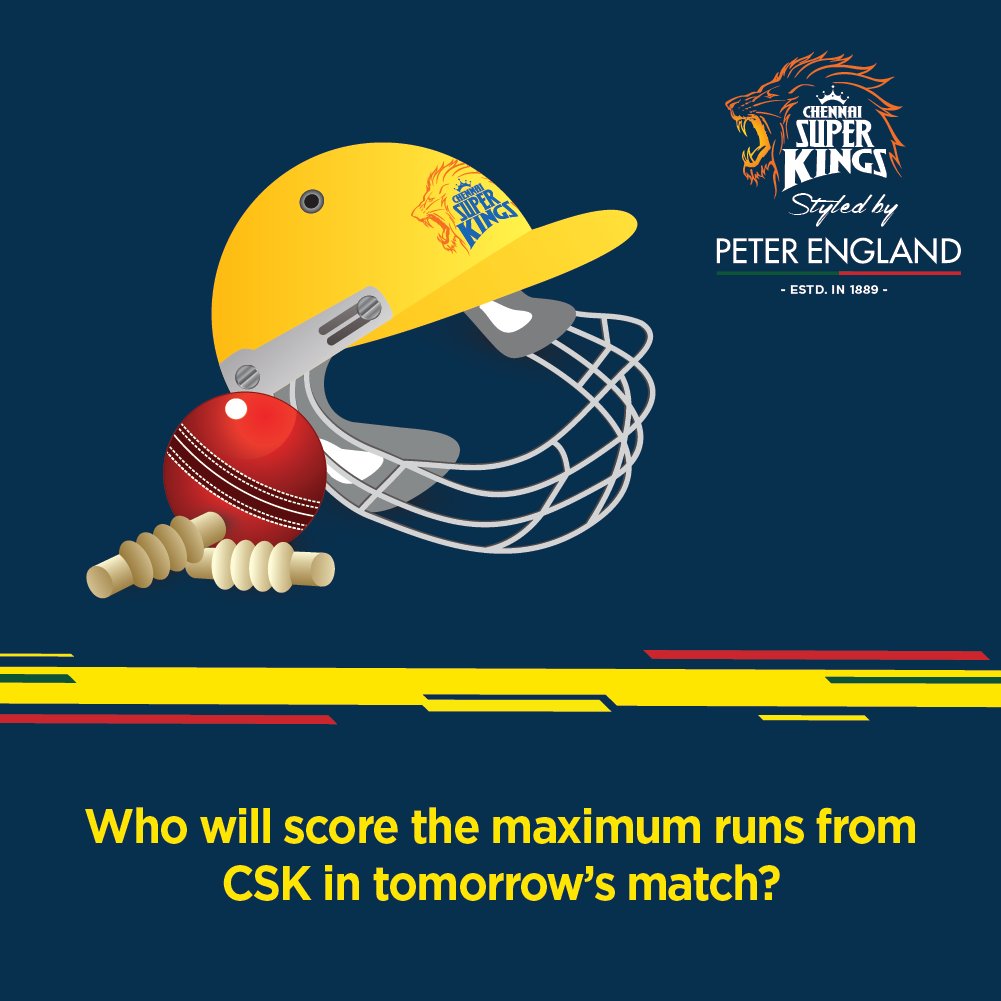 PeterEngland_'s tweet photo. We can’t wait for the match tonight! Are you cheering for #SuperKingsSuperStyle? Who do you think is going to be the highest scorer from #CSK? Shop CSK apparel here: https://t.co/Q8y865tNkL
#WhistlePodu #IPL2018 #CSK #WednesdayWisdom https://t.co/FwfQdXghBz