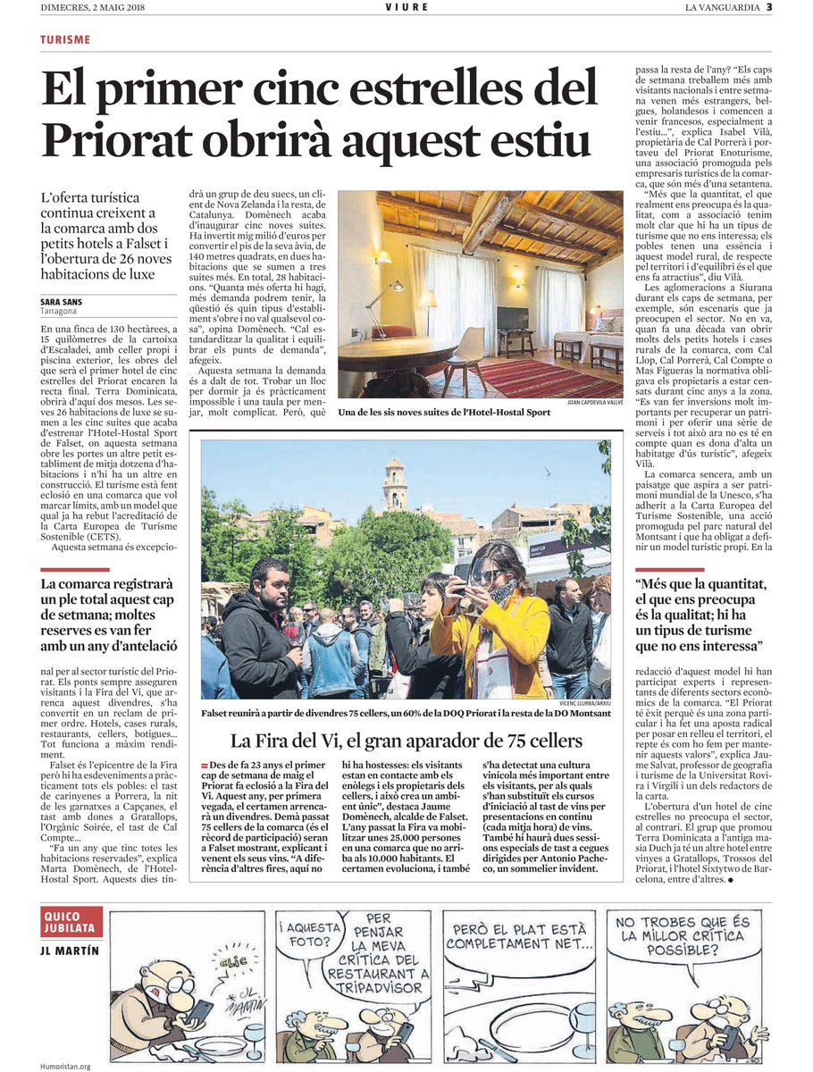 “Quanta més oferta hi hagi, més demanda podrem tenir, la qüestió és quin tipus d’establiment s’obre i no val qualsevol cosa” “Cal estandarditzar
la qualitat i equilibrar els punts de demanda” #Priorat #enoturisme #allotjament <a href="/MartaDomenech1/">Marta Domenech</a> #hostalsport <a href="/firadelvifalset/">Fira del Vi de Falset</a>