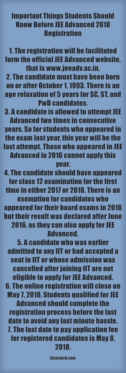 elearnerd's tweet image. The registration process for JEE Advanced 2018 will begin today, on May 2, at 10:00 am.
#JEEAdvanced #JEEMain2018 #JEEMains