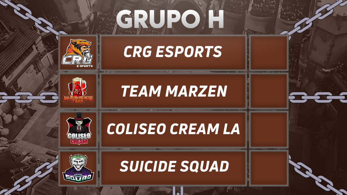 ¡GRUPO H!

- <a href="/CRGeSports/">crgesports</a> 🇬🇹
- <a href="/SoleraMarzen_CR/">Solera Märzen</a> 🇻🇪
- Coliseo Cream LA (<a href="/Cream_EsportsGG/">ChichasLocas</a>) 🌎
- <a href="/SuicideSquadEc/">Suicide Squad CR (Ecuador)</a> 🇪🇨

2da Edición #WarriorsCupClanes #GoWarriors 🏆⚔️