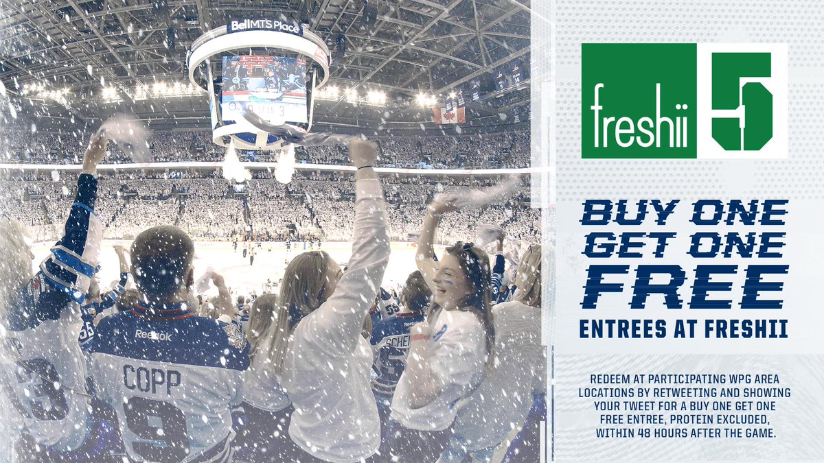 NHLJets's tweet photo. Since the #NHLJets scored more than FIVE times tonight, YOU win with BUY ONE, GET ONE FREE @freshii entrees for the next 48 hours at participating WPG locations!

RETWEET this tweet and show your retweet to redeem.  

#NSHsWPG #Freshii5 #GoJetsGo #WPGWhiteout https://t.co/a0fuapTxyR