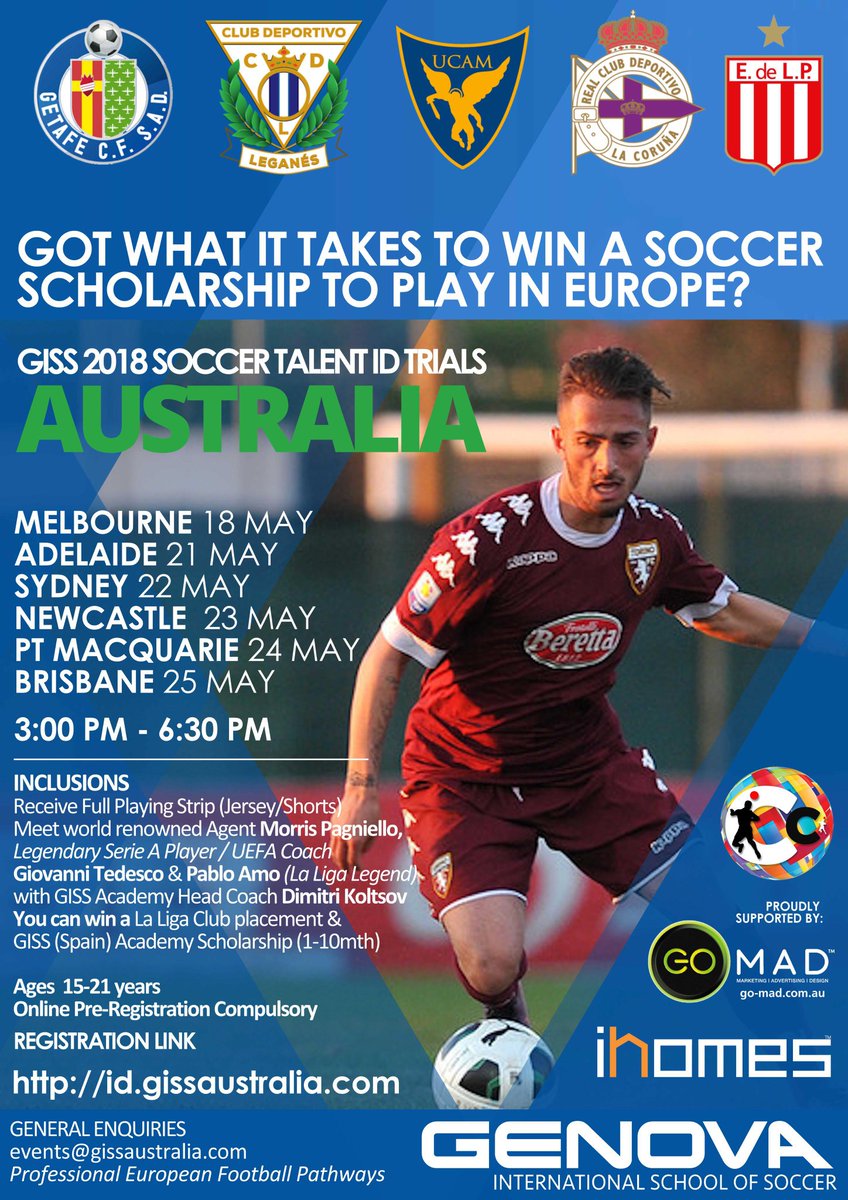 GISS_Australia's tweet photo. GISS Australia is excited to announce our Australian Talent ID ⚽️ Trial dates in a location near you. 
WIN 1 of 10 ⚽ SOCCER ⚽ SCHOLARSHIP TO PLAY IN EUROPE @ OUR MAY TRIALS. AGED 15 to 21?
Click ⬇️⬇️ Now
https://t.co/sNuAfyOzH9 https://t.co/EC4scOalOo