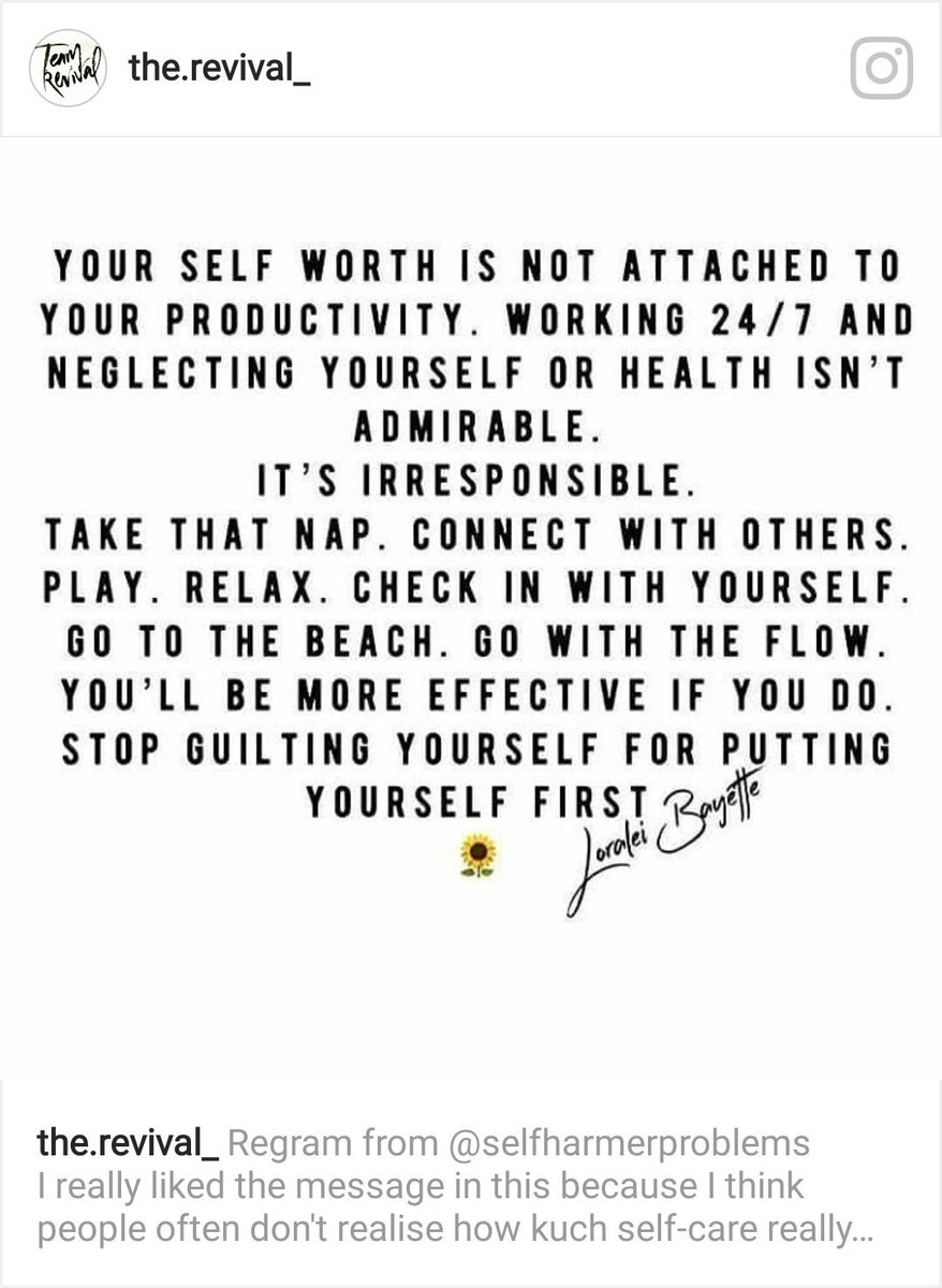 #selfworth #nap #connect #play #checkin #yourself #gotobeach #GoWithTheFlow #stopfeelingguilty #selfcare #TheRevival @Loraleibayette  

instagram.com/the.revival_/
#changingthestigma #mentalhealth #stopthestigmastopthesilence