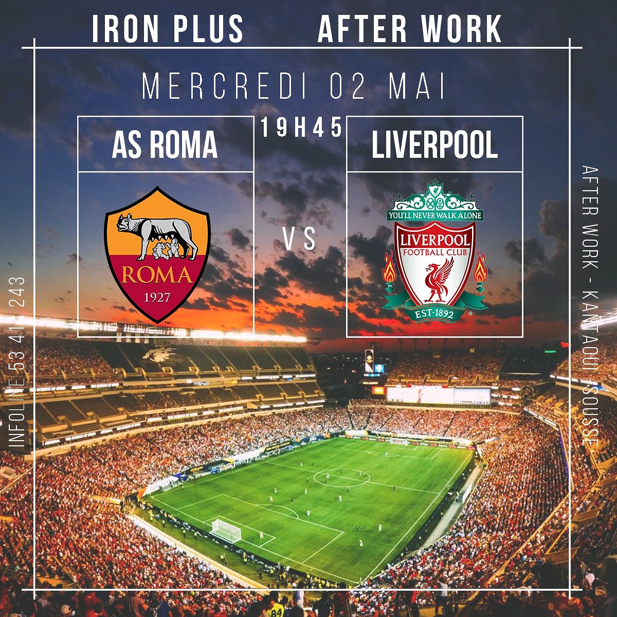 IronPlusbar's tweet photo. #Mohamed_Salah ⚽ et tout ses coéquipiers de #Liverpool 🇬🇧 chercherons une place en finale Face à l'#As_Roma 🇮🇹 après 15 ans d'absence sur le Podium 🇪🇺.
(Score Match Aller: 🥅5-2🥅 pour #Liverpool) 
Ce soir, Mardi 2 Mai, à 19h45 au Iron Plus.

#Happy_hour Jusqu'à 22h https://t.co/LGIsulc5j6