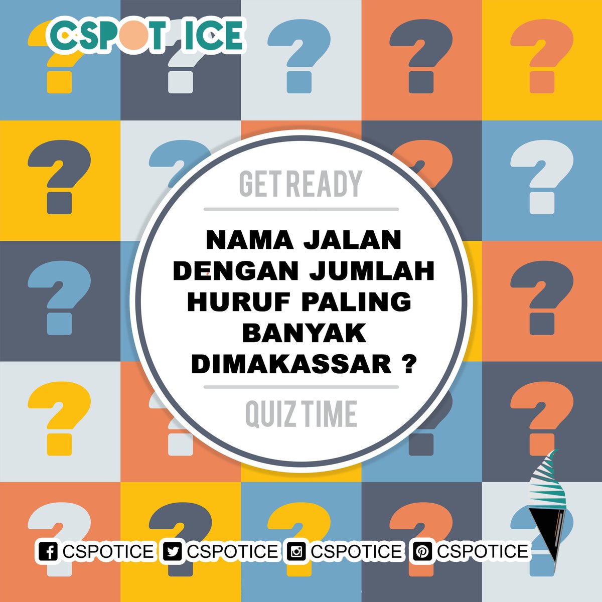 WAKTUNYA UNTUK KUIS !!!

Sebutkan nama jalan dengan jumlah huruf paling banyak di Makassar ??

Pemenang tercepat yang menjawab dengan benar akan mendapatkan voucher makan bersama keluarga di cspot !!!

tanya tanya bisa ke line official kami >>> line.me/ti/p/@cspotice