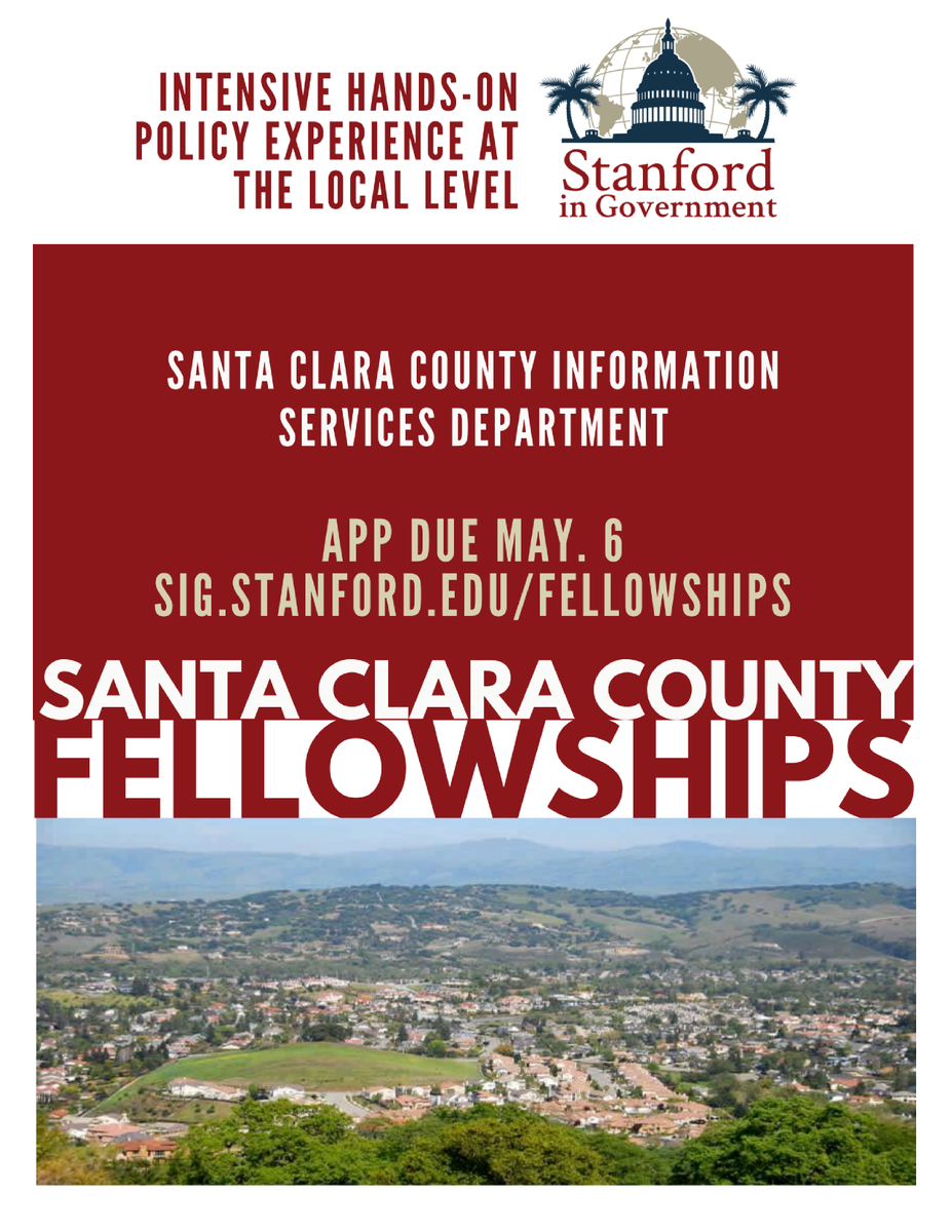 We are re-opening applications for the Santa Clara County Information Services Department (ISD) Fellowship with a new deadline of this Sunday, May 6th at 11:59pm! 

Please visit sig.stanford.edu/county-of-sant… for more information about the position.