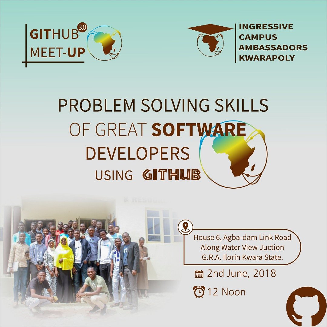 kenkarmah's tweet photo. KwaraPoly @_Ingressive_ Campus Meet-Up 3.0
Another great opportunity to learn new things in the development world, Join us this weekend to explore the Problem Solving skills of Great Software Developers Using #Github
Register: https://t.co/t5sYkOdsrP
#ingressiveKp
#githubBuild https://t.co/dRIafbNbrQ