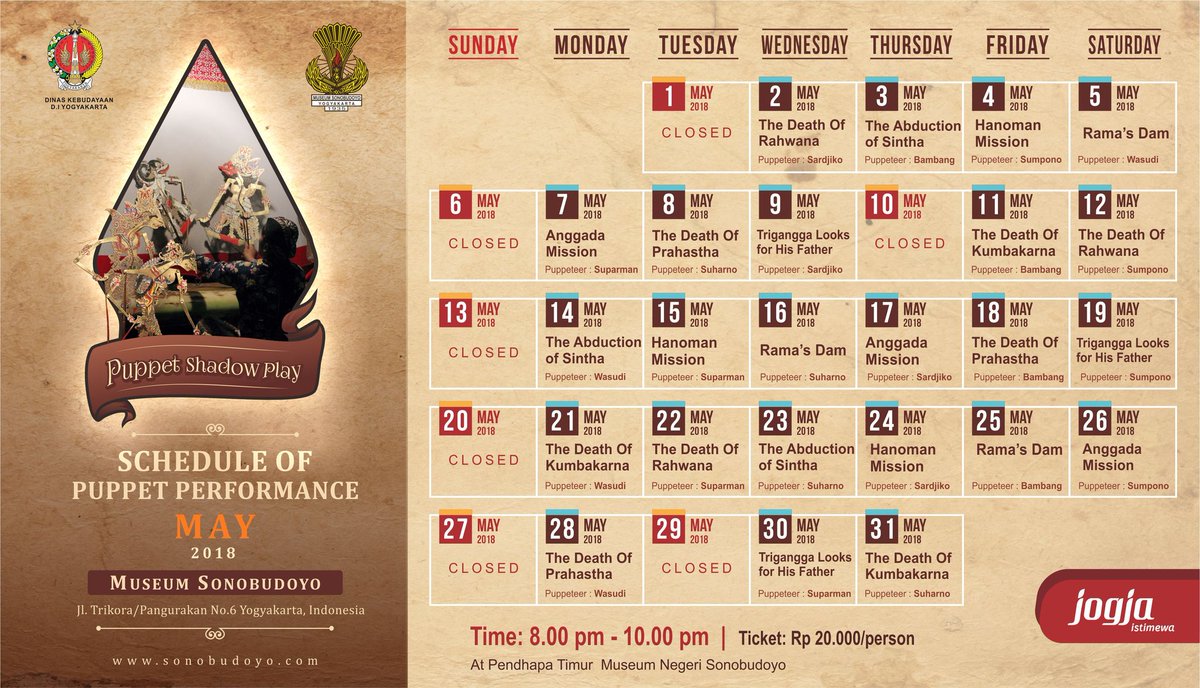 sonobudoyo's tweet photo. Selamat siang sahabat museum

Berikut Jadwal Pagelaran Wayang Kulit Durasi Singkat Museum Sonobudoyo Bulan Mei 2018

💸 Rp 20.000/orang
🕗 20.00 - 22.00 WIB
📍 Pendhapa Timur Museum Sonobudoyo

#PuppetPerformance #WayangKulit #InfoJogja #JogjaIstimewa #VisitJogja #MuseumDiHatiku https://t.co/AbLPANEd7L
