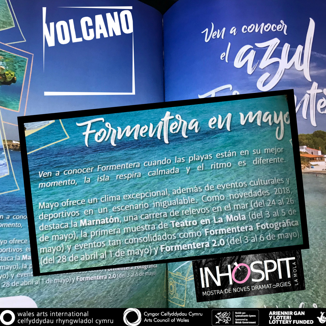 VolcanoUK's tweet photo. Volcano is proud to be taking part in the Inhospit Festival of Dance, Theatre and Performance in La Mola, Formentera  as the invited guests of @EspaiF with the support of @WAICymruWales . The festival made it to the in-flight magazine from Madrid! #Inhospit #lamola #politicalplay https://t.co/JhKokOpJCc