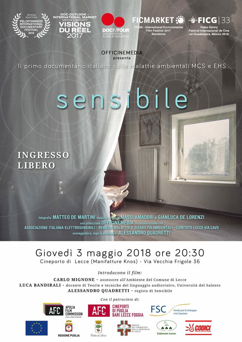 cineunisalento's tweet photo. DOMANI alle 20.30 @ #Cineporto #Lecce // SENSIBILE - un documentario di #AlessandroQuadretti, il primo in Italia ad affrontare le patologie ambientali. 

Ingresso gratuito https://t.co/b8uUcQlXpO