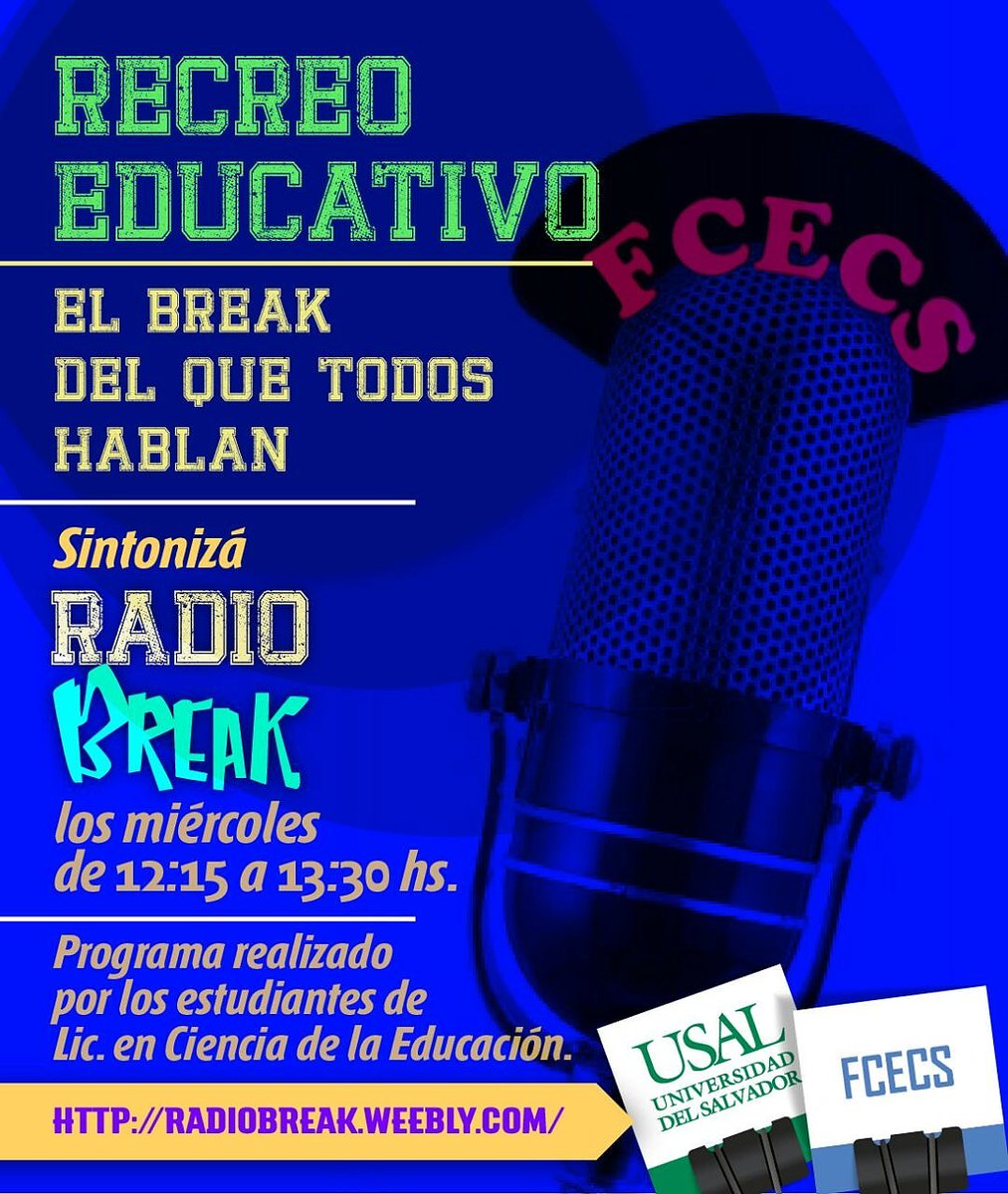 RecreoEduUSAL's tweet photo. 📌 🆅🅾🅻🆅🅴🅼🅾🆂 🎙 Escuchanos HOY de 12:15 a 13:30 por Radio Break. Almorzamos con vos. Sumate a ➡ #ElBreakDelQueTodosHablan 📻 https://t.co/5VrFEMNrlR