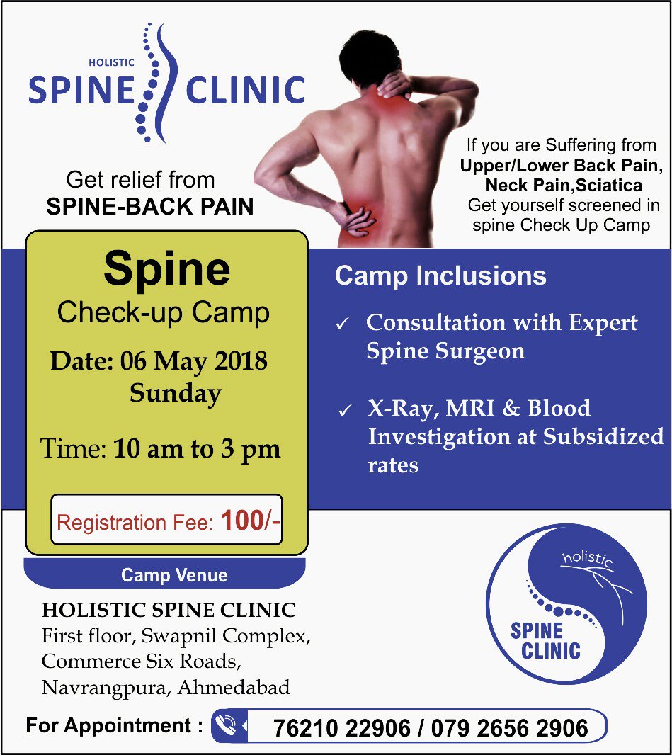 HolisticSpine's tweet photo. Dear Patrons, 
Holistic Spine Clinic  announces Spine Checkup camp on Sunday 6th May 2018. Free checkup with expert Spine Surgeon. MRI, X Ray and Blood investigations @ subsidised rates. Registration Rs100 only. Contact: +917621022906
#holisticspine #spinecheckup #myspineclinic https://t.co/xFQATxkczn