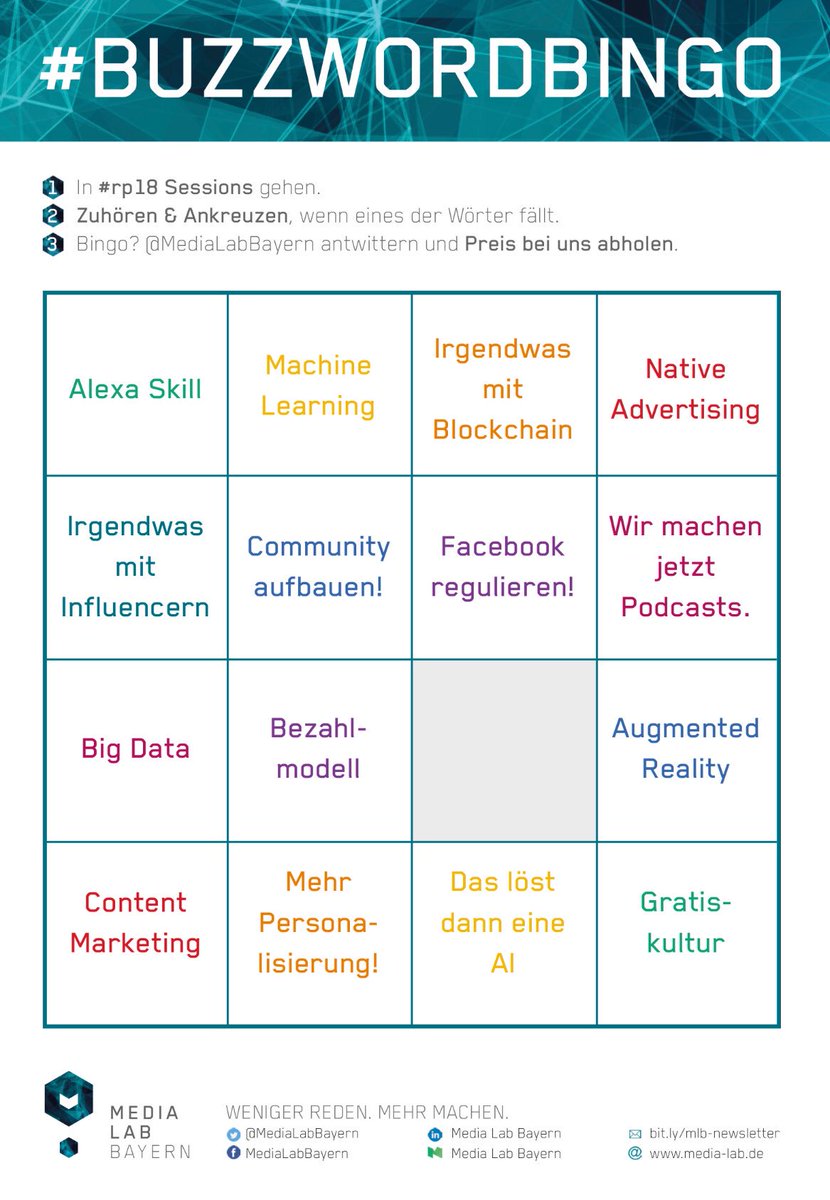 Unser #BuzzwordBingo könnt ihr übrigens auch digital mitspielen. 😊

Bild downloaden, ankreuzen (geht auch mit Twitter-Stickern!), Bingo? Preis bei uns abholen! 🎁 #rp18 #pop
