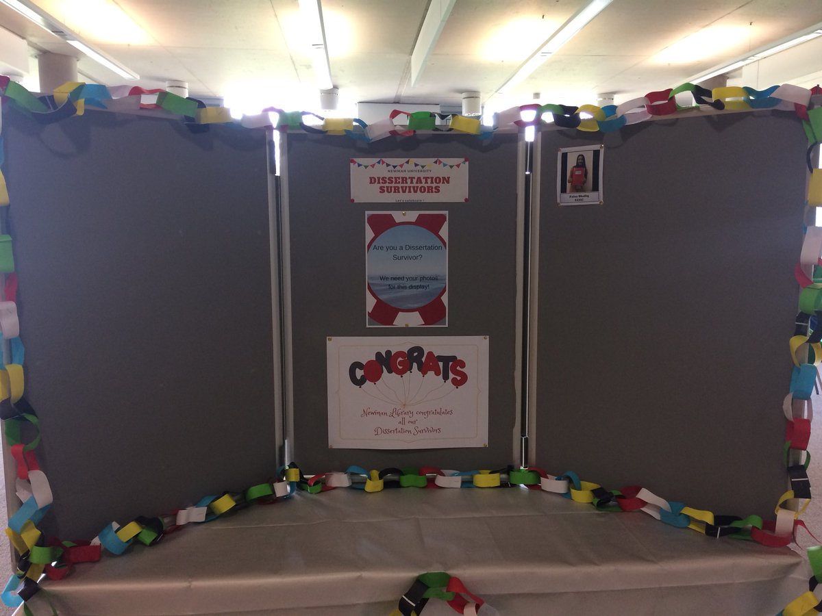 NewmanLibrary's tweet image. We have our first Dissertation Survivor on display! There’s plenty more space though- don’t forget to stop by our office (CH211) on level 2 of the library to get your photo taken!
