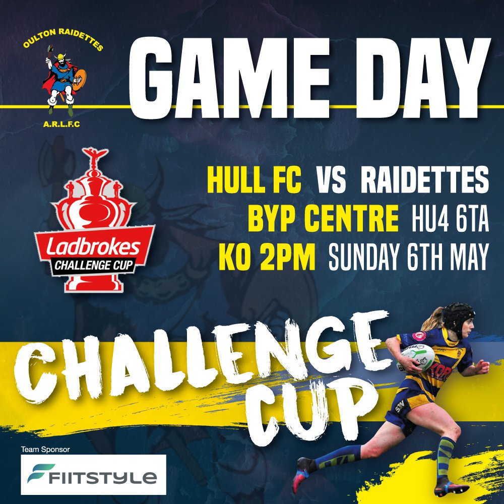 OultonRaidettes's tweet photo. This Sunday we take on Hull Fc 🏉

Come support us for a great bank hoilday weekend 🍻

Places available on the coach for £5 (under 5s free) 🚌

#womensrugby #raidettes #rugbyleague #challengecup #BankHoliday https://t.co/crTHYdNRgk