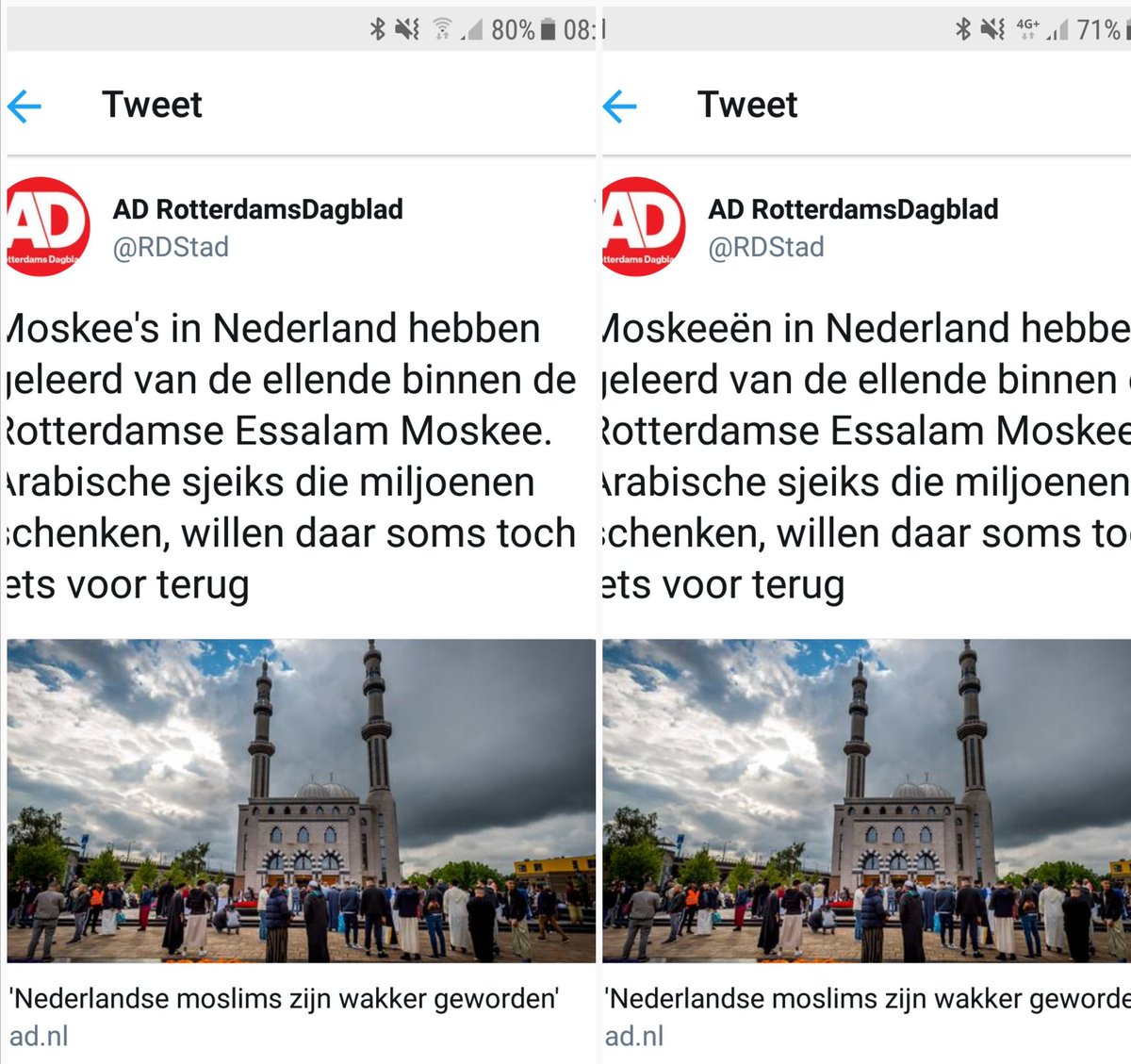 MaartenHHoog's tweet photo. Hartverwarmend dat behalve "Nederlandse moslims" ook taalpuristen bij @RDStad zijn wakker geworden. Ik weet: het was nog vroeg vanochtend. En ja, sorry lieve mensen, #taalpolitie doet niet aan meivakantie. #moskee #meervoud #grondhouding #stadvan2snelheden https://t.co/RRCRZpS2MP