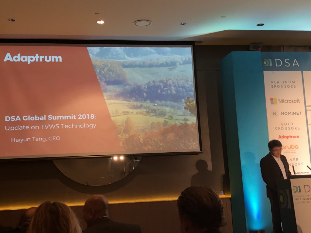 Adaptrum's tweet photo. Listening to adaptrum CEO Haiyun Tang talk about what’s next for #TVWS at #DSA18GS https://t.co/K7bSPy0Can