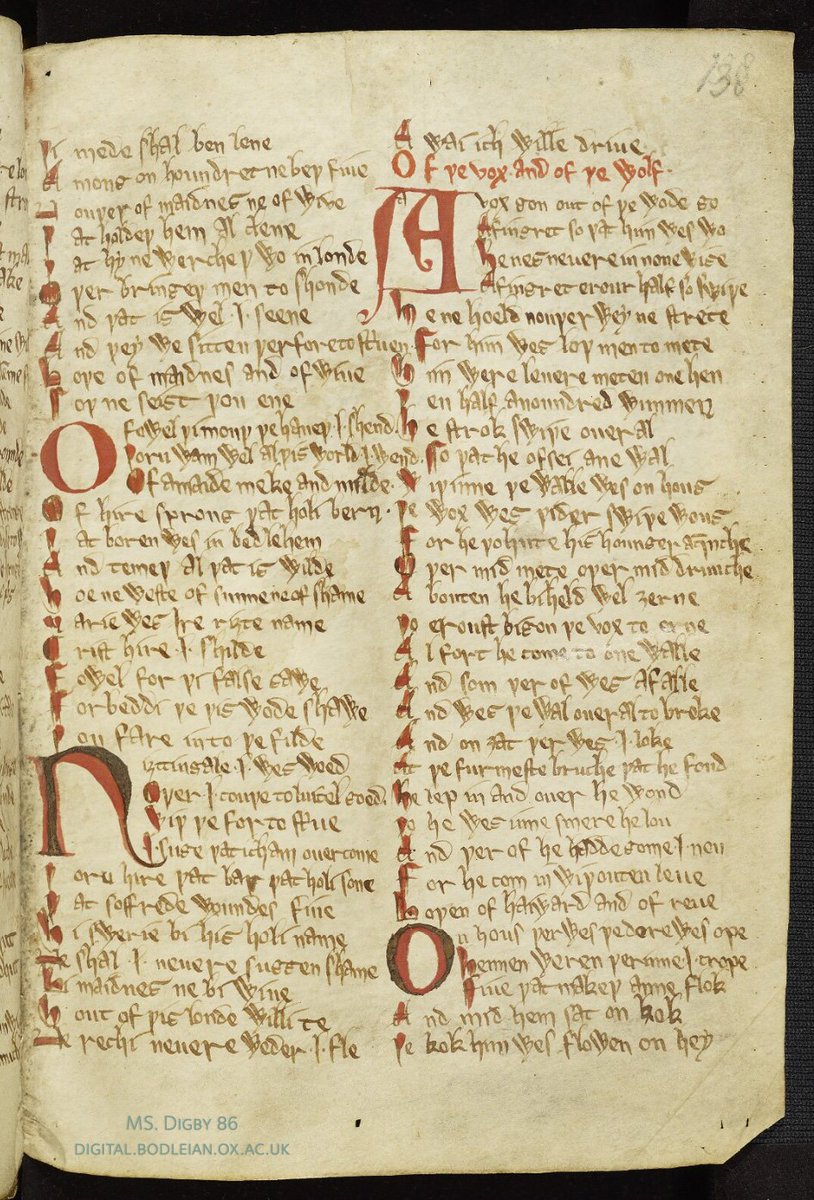 Page from a medieval English manuscript, MS Digby 86, showing the beginning of 'The Fox and the Wolf'.