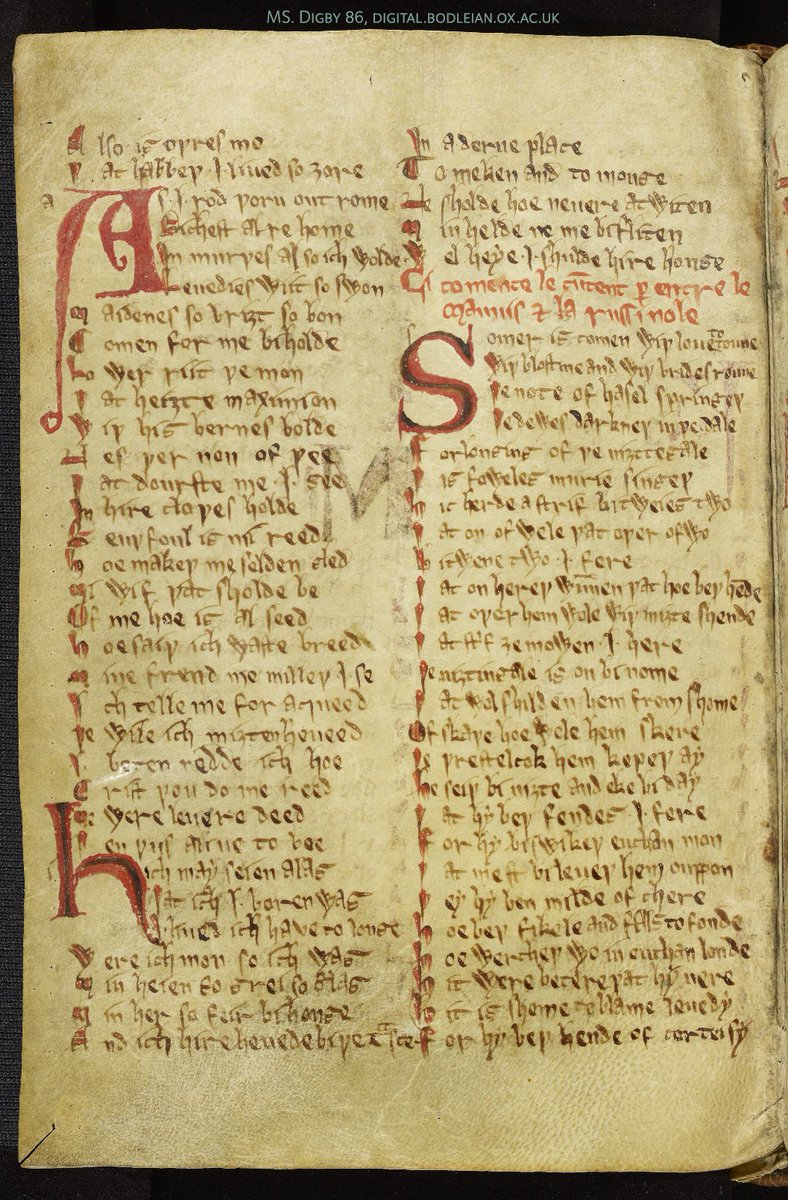 Page from a medieval English manuscript, MS. Digby 86, showing the beginning of 'The Thrush and the Nightingale'.