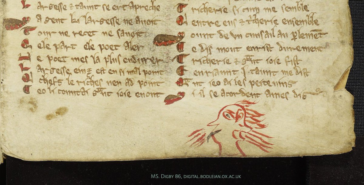 Detail from a page of a medieval English manuscript, MS. Digby 86, showing a drawing of an animal figure in red in the lower margin.