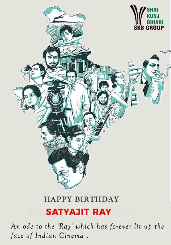 theskbgroup's tweet photo. If we were to ever classify Indian cinema, it would be divided into eras pre &amp; post #SatyajitRay.  one of the country's most versatile film maker. On his 97th birth anniversary, we honor his invaluable contribution to Indian cinema.  #SatyajitRay #skbgroup #tribute https://t.co/Lcr2db3hIP