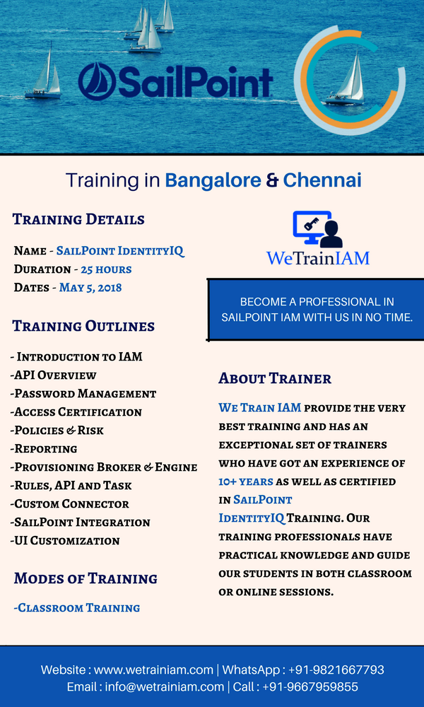 WeTrainIAM's tweet photo. Attend @SailPoint IdentityIQ training in #Bangalore and #Chennai from 5 May 2018 onwards.
Register at https://t.co/0fuXgOHi5A
#SailPoint #IdentityIQ #IdentityManagement #AccessManagement #IAM #InfoSec #InformationSecurity #WeTrainIAM #IDM #informationtechnology #IT #Training #Job https://t.co/yOuYLjfeIm