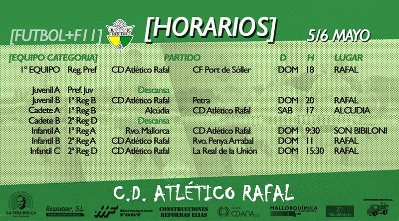 atrafal's tweet photo. HORARIOS FUTBOL 11 | Ya tenéis a vuestra disposición los horarios de los partidos de nuestros equipos de categoría F11 para este fin de semana (5-6 mayo) 💚💛

Y el domingo a las 18h todo el mundo a apoyar al primer equipo en su partido para jugar el Play Off a Tercera ⚽️⚽️ https://t.co/W86hJjkhiT